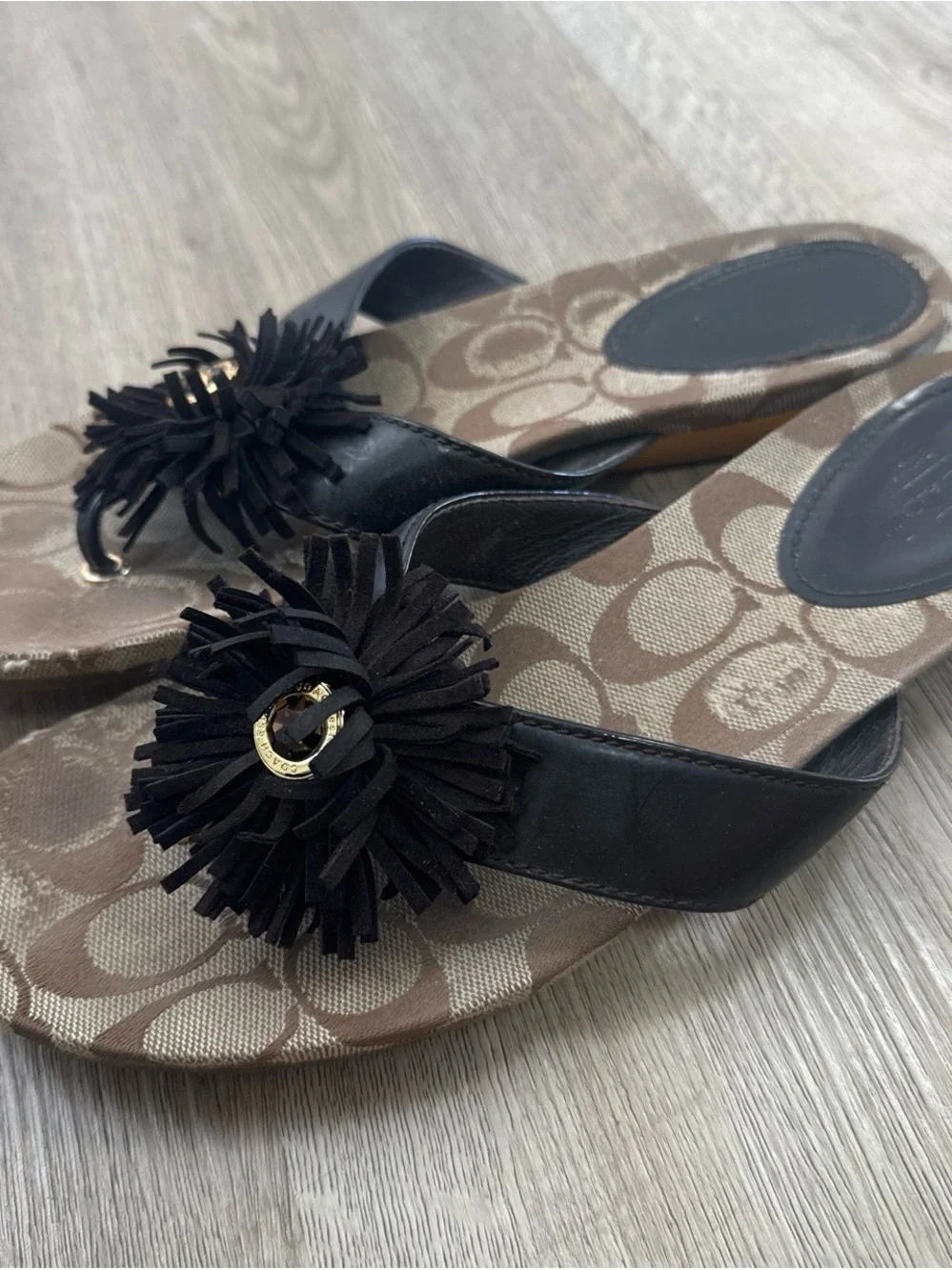 Coach Tan Signature Monogram Slide Sandals with Black Flower Charm